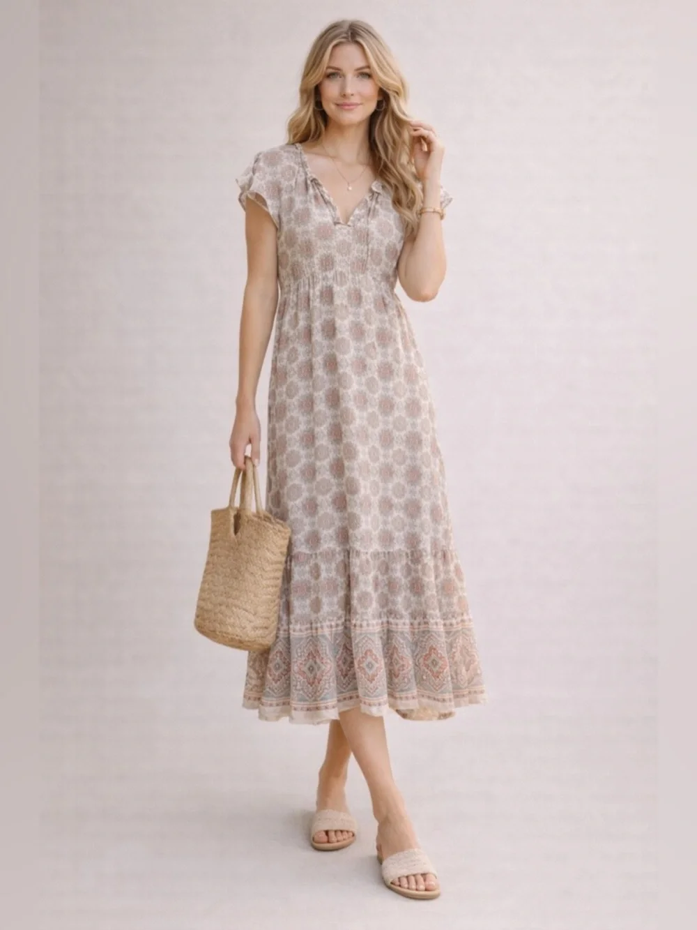 Blu Pepper Boho Midi Dress Paisley Medallion Cottagecore Spring M - Picture 1 of 7